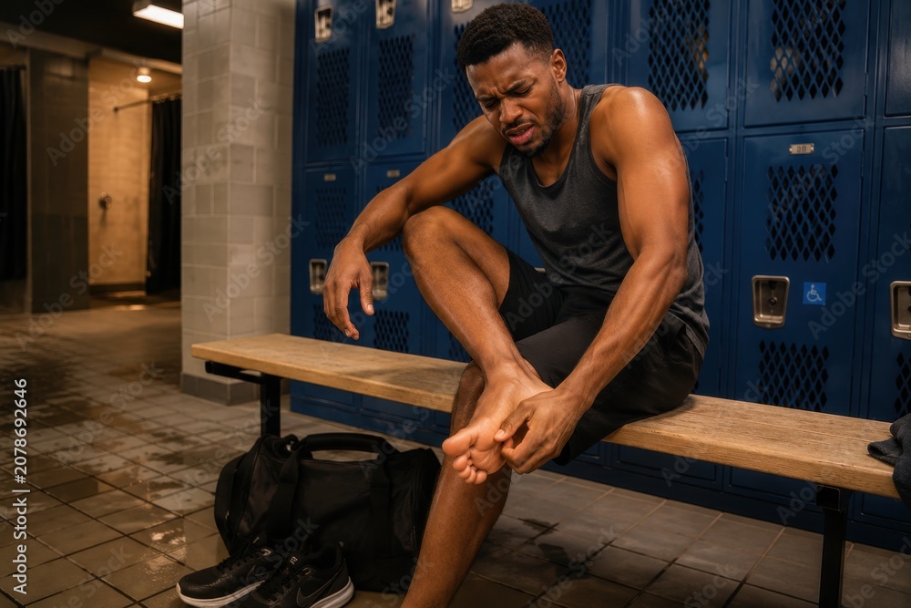 Naklejka premium Athletes Foot Fungal Infection Young Man Scratching Itchy Foot in Gym Locker Room Tinea Pedis Symptoms Foot Fungus Discomfort Athlete Skin Condition Sports Hygiene Dermatology Lifestyle Editorial Phot