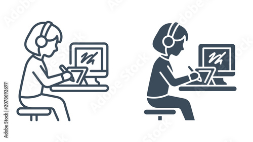 Canvastavla Creative Workflow: A person wearing headphones is deeply engrossed in their work, using a graphics tablet and stylus to create digital art on a computer