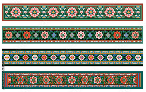 Premium traditional Korean Dancheong floral seamless border pattern vector set