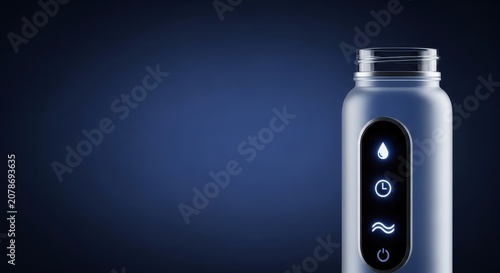 Sleek modern water purification device with glowing digital interface and water droplet icon