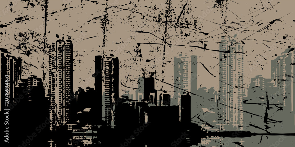 Fototapeta premium Horizontal dark brown illustration industrial part of city with factories, refineries and power plants.