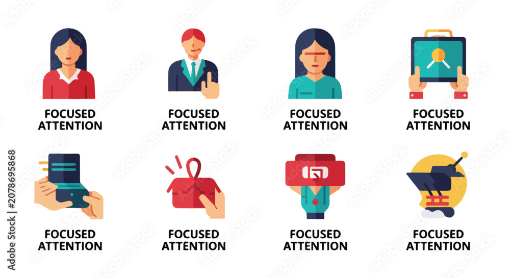 Fototapeta premium Diverse business professionals demonstrating focused attention on tasks and digital devices, using clean lines and a vibrant color palette for clear communication.