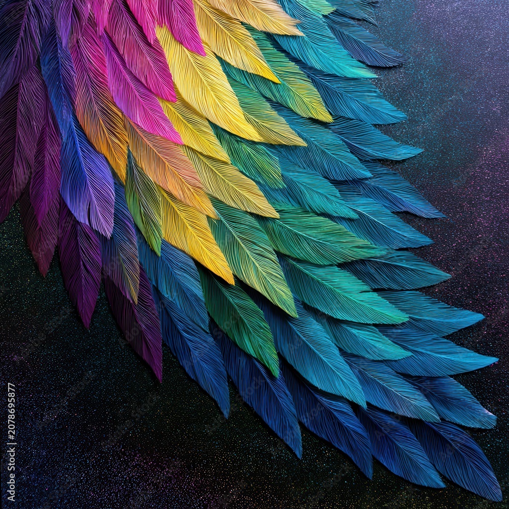Obraz premium Colorful leaves in a pattern showing various shades of green, blue, yellow, pink, and purple arranged on a dark background