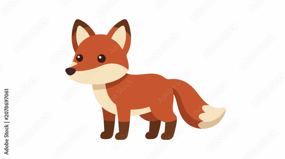 Fototapeta premium Cartoon fox with bushy tail standing on white background