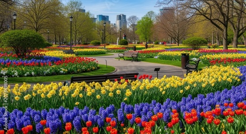 Vibrant Spring Tulip Garden with Lush Greenery and City Skyline in the Background.