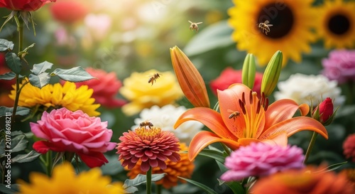 Vibrant Summer Garden with Bees and Butterflies Amidst Blooming Flowers.