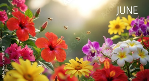 Vibrant Summer Garden with Blooming Flowers and Bees in June Sunlight.