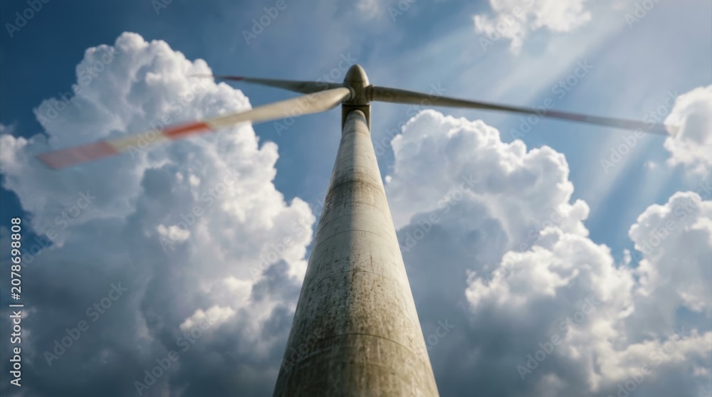 Naklejka premium Low angle view of wind turbine against dark stormy clouds with sun rays and rainbow