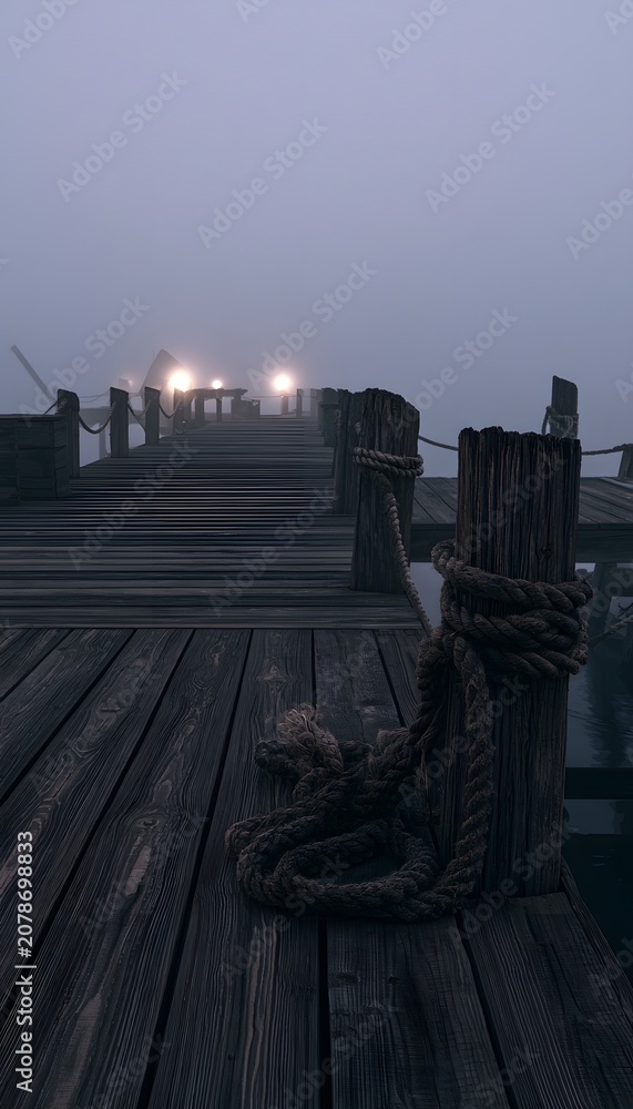 Fototapeta premium Mysterious pier glows beneath fog a tranquil seascape evokes peaceful nautical reflections