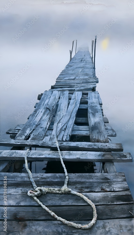 Fototapeta premium Serene watercolor seascape pier evokes quiet contemplation on a misty aged wooden shoreline