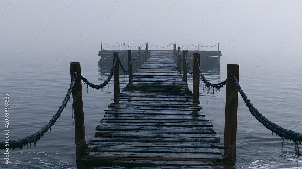 Fototapeta premium Solitude on a weathered pier evokes quiet reflection amidst a misty grey ocean landscape