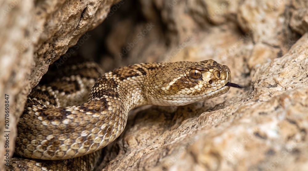 Obraz premium A close-up photo of a snake peeking out from a rocky crevice in the desert.