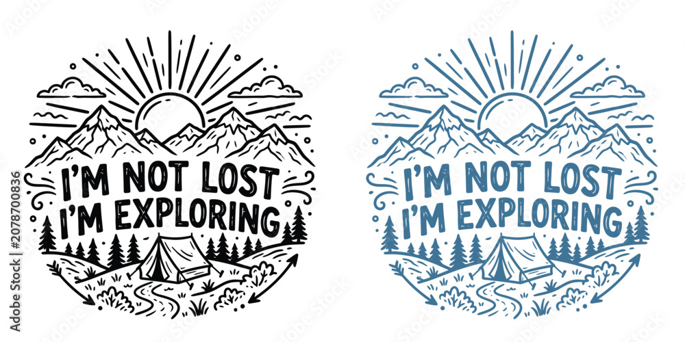 Obraz premium Adventure awaits two line art designs featuring mountains forest tent and motivational quote for outdoor enthusiasts