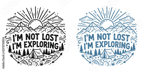 Fotografía Adventure awaits two line art designs featuring mountains forest tent and motiva