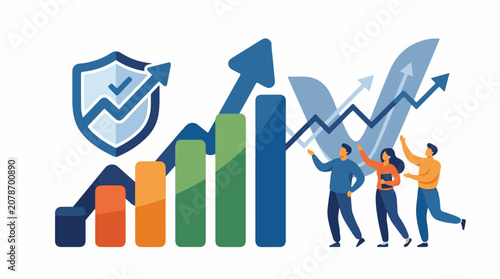 Business growth and security illustrated by graphs shield and people