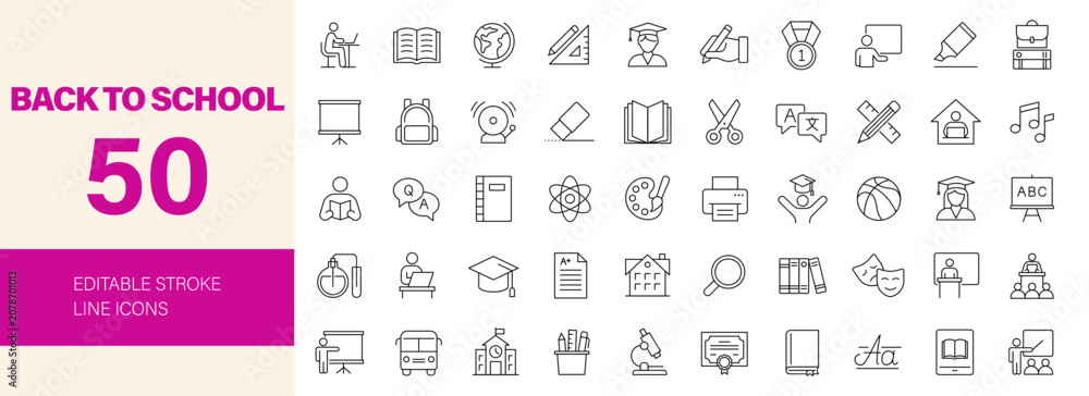 Fototapeta premium Back to school icon set. Editable line icons. Vector illustration.