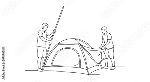 Two people setting up a dome tent outdoors.