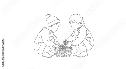 Two children playing with a basket of flowers.