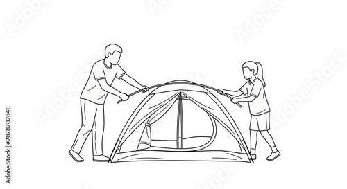 Family setting up a dome tent for outdoor camping.