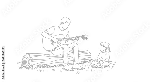 Man playing guitar while child listens on log.