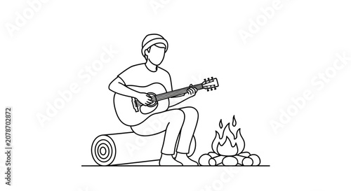 Person playing guitar by campfire illustration.