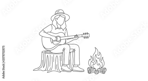 Person playing guitar by campfire on tree stump.