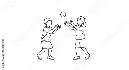 Two children playing with a ball outdoors.