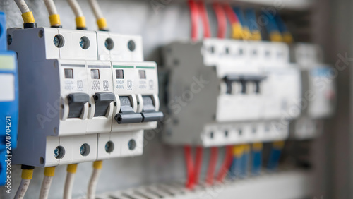 Industrial electrical distribution panel with circuit breakers and wiring