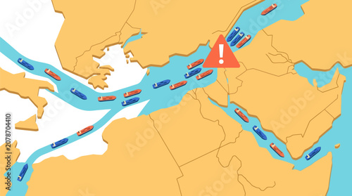Map visualization shows cargo ships navigating through narrow global waterways with an alert icon indicating a major blockage.