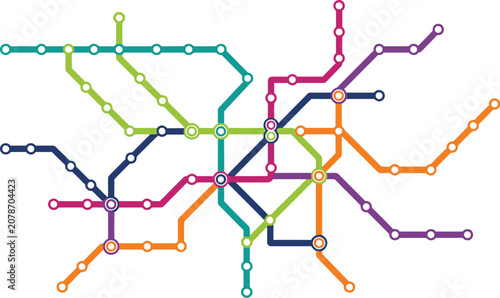 Subway map lines intersect in a complex network of public transportation routes.