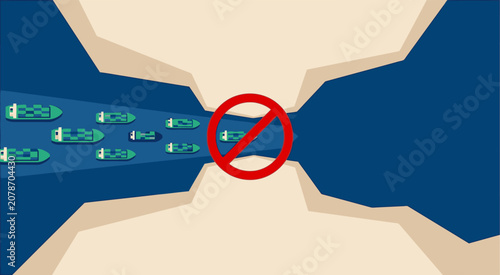 Cargo ships navigate through a narrow maritime passage while being blocked by a restrictive red warning sign.