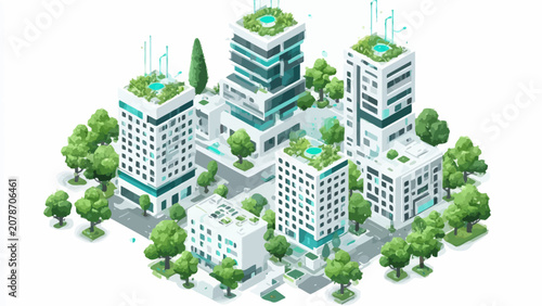 Quadro su tela A modern isometric city block featuring eco-friendly buildings and lush green tr