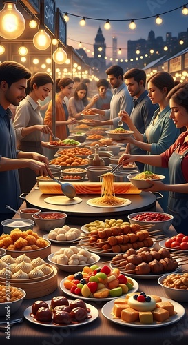Outdoor Evening Buffet Celebration with Diverse Food and Guests.