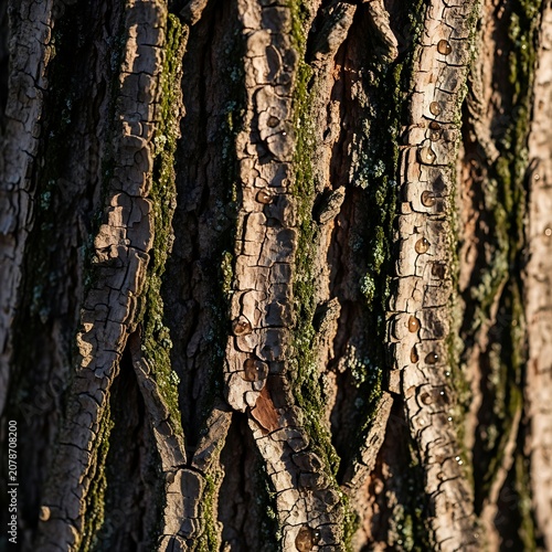 Close-Up of Tree Bark Texture with Moss and Lichen.