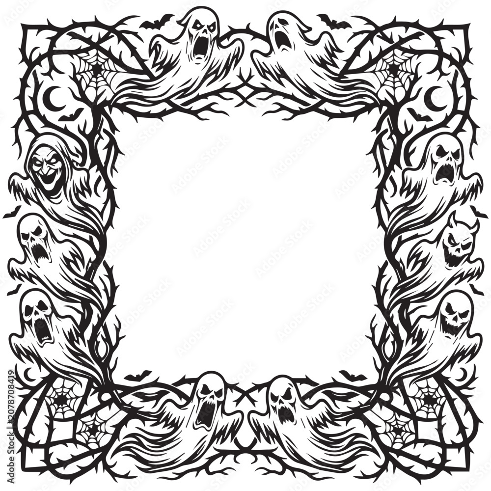 Obraz premium Creepy Halloween Frame with Ghosts and Skulls