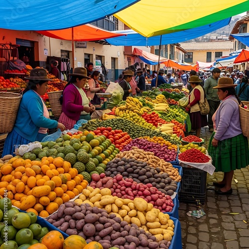 Vibrant Outdoor Market with Fresh Fruits and Vegetables.