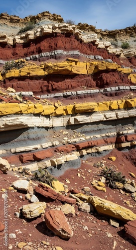 Colorful Layered Rock Formation with Varied Textures and Rich Earth Tones.