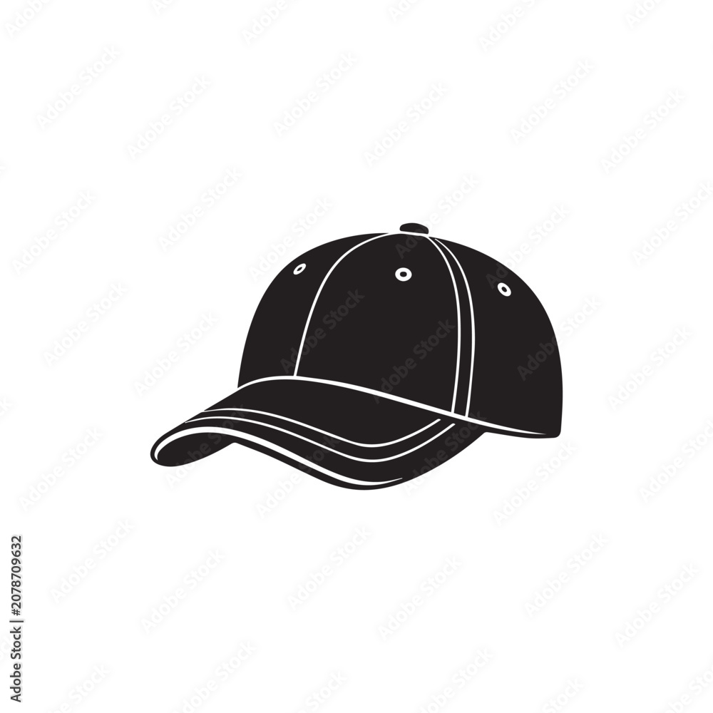 Fototapeta premium Minimalist Baseball Cap Silhouette Icon – Black Snapback Hat Vector Illustration