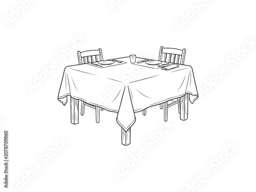 Dining table with two chairs and tablecloth set for meal  simple line drawing