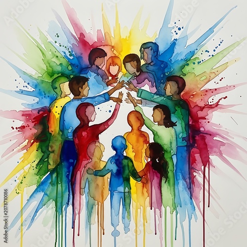 Diverse Group of Children Connecting with Colorful Artistic Background.