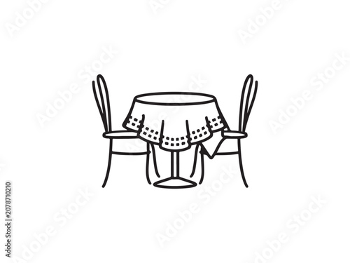 Line drawing of table with tablecloth and two chairs indoors