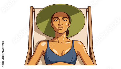 Relaxed Woman Sunbathing in Wide Brim Hat on Lounge Chair Enjoying Summer Sunshine