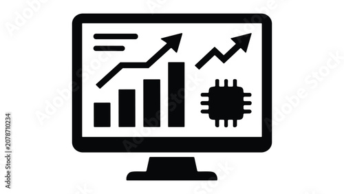 Φωτογραφία Computer screen with rising bar chart and microchip for tech business growth concept