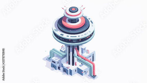 Fotografie A futuristic industrial tower stands isolated against a clean white background