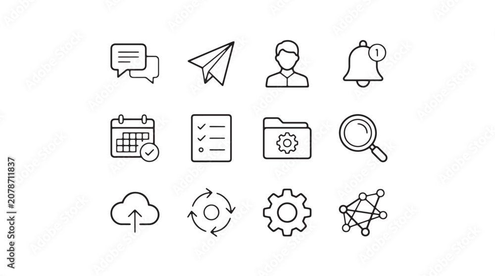 Fototapeta premium Business icons, workflow symbols, office signs, communication graphics, 12 editable vector elements