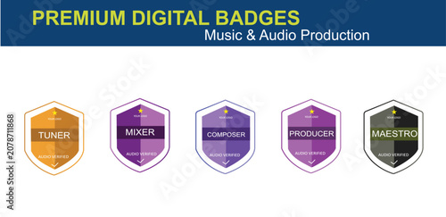 Set of five premium digital badges for music and audio production professionalsSet of five premium digital badges for music and audio production professionals