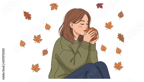 Woman Drinking Hot Tea in Autumn – Cozy Fall Relaxation Illustration