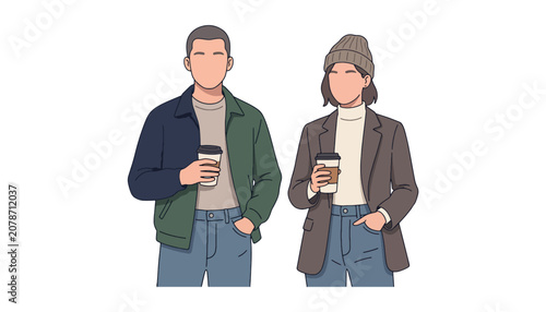 Casual Young Couple Friends Holding Coffee Cups Outdoors in Autumn Street Style Illustration