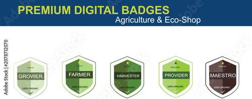 Set of five premium digital badges for agriculture and eco-friendly businesses