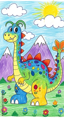 Colorful Cartoon Dinosaur in Scenic Mountain Landscape with Bright Sun and Fluffy Clouds.